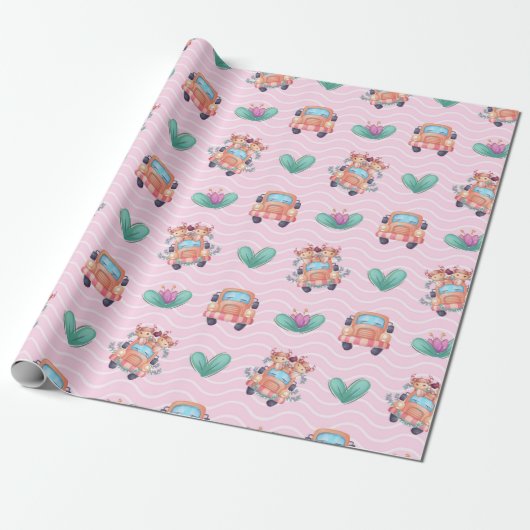 Spring Koe Buddies Patroon Cadeaupapier (Uitgerold)