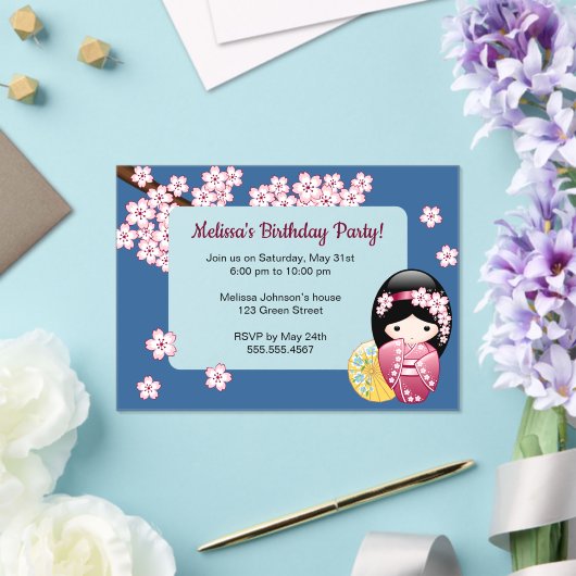 Spring Kokeshi Blauw Transparant Venster Verjaarda Acryl Uitnodigingen (Insitu (Huwelijk))