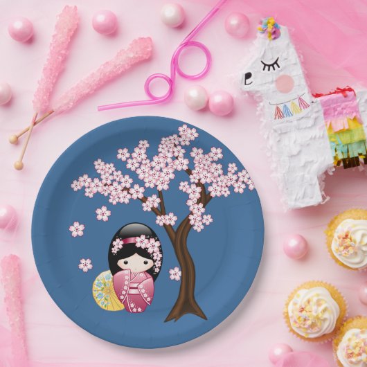 Spring Kokeshi Doll - Cute Geisha Girl op Blue Papieren Bordje (Feest)