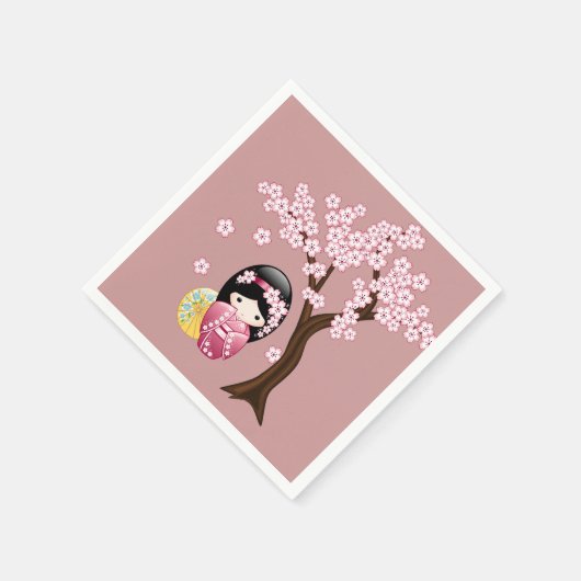 Spring Kokeshi Doll - Cute Geisha Girl op roze Servet (Hoek)