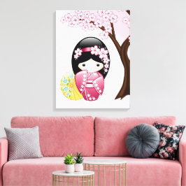 Spring Kokeshi Doll - Cute Japanese Geisha Girl Canvas Afdruk