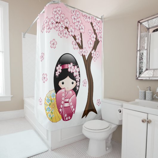 Spring Kokeshi Doll Cute Japanese Geisha Girl Douchegordijn (In situ)