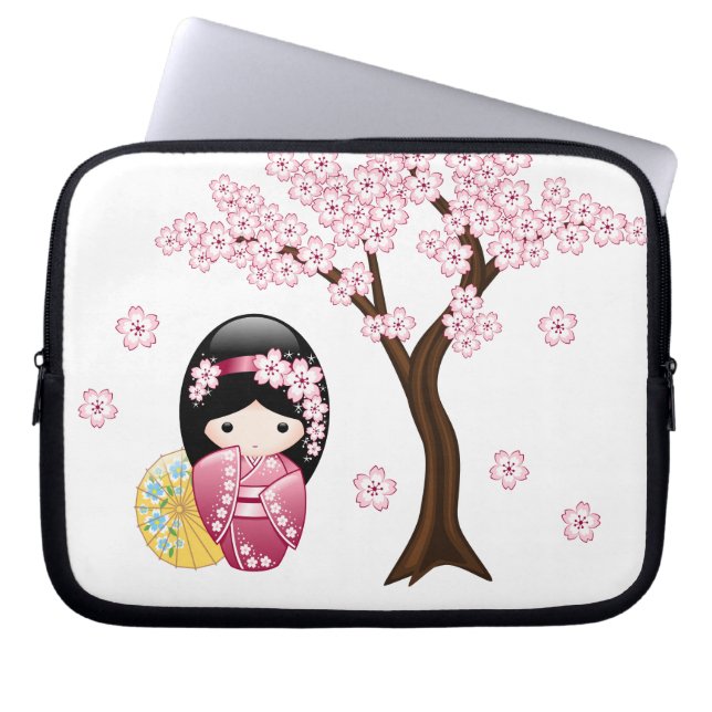 Spring Kokeshi Doll - Cute Japanese Geisha Girl Laptop Sleeve (Voorkant)
