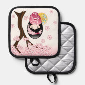 Spring Kokeshi Doll - Cute Japanese Geisha Girl Pannenlap (Voorkant / Achterkant)