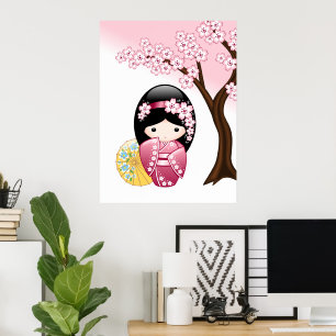 Spring Kokeshi Doll - Cute Japanese Geisha Girl Poster