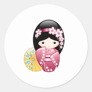 Spring Kokeshi Doll - Cute Japanese Geisha Girl Ronde Sticker