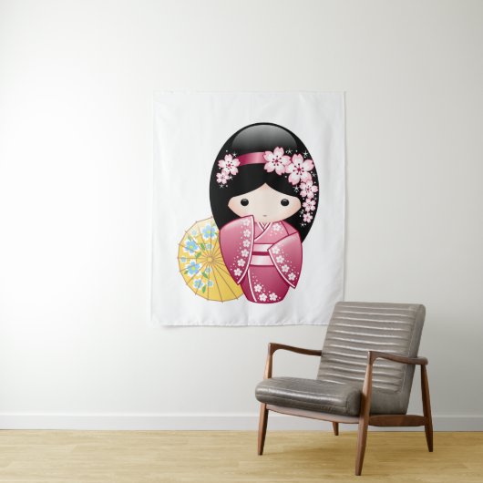 Spring Kokeshi Doll - Cute Japanese Geisha Girl Wandkleed (In situ)