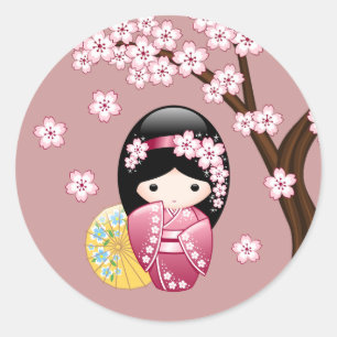 Spring Kokeshi Doll Cute Japanse Geisha op Roze Ronde Sticker