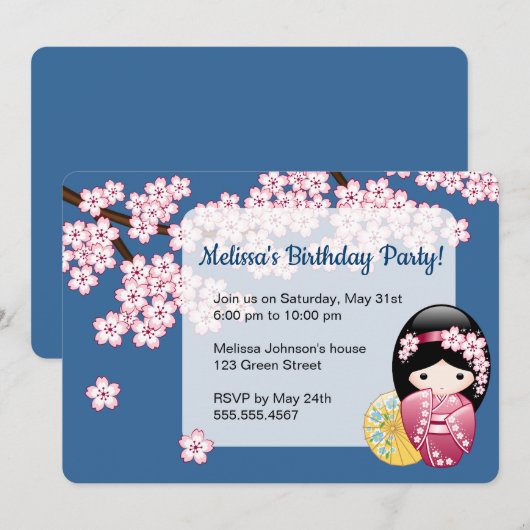 Spring Kokeshi Doll - Japan Geisha Birthday Party Kaart (Voorkant / Achterkant)