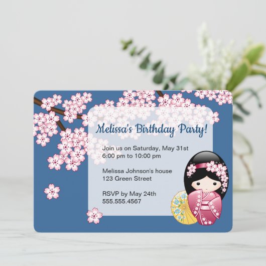 Spring Kokeshi Doll - Japan Geisha Birthday Party Kaart (Staand voorkant)