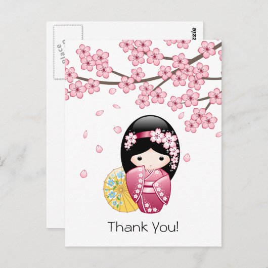 Spring Kokeshi Doll - Japans Geisha Dank u Briefkaart (Voorkant / Achterkant)