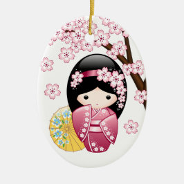 Spring Kokeshi Doll - Japanse geisha White Keramisch Ornament