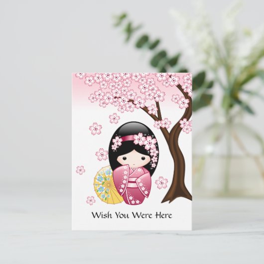 Spring Kokeshi Doll - Japanse Geisha Wish Briefkaart (Staand voorkant)