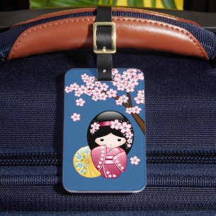 Spring Kokeshi Doll - Japanse geisha wordt in blau Bagagelabel