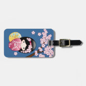 Spring Kokeshi Doll - Japanse geisha wordt in blau Bagagelabel (Voorkant horizontaal)