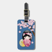 Spring Kokeshi Doll - Japanse geisha wordt in blau Bagagelabel (Voorkant verticaal)