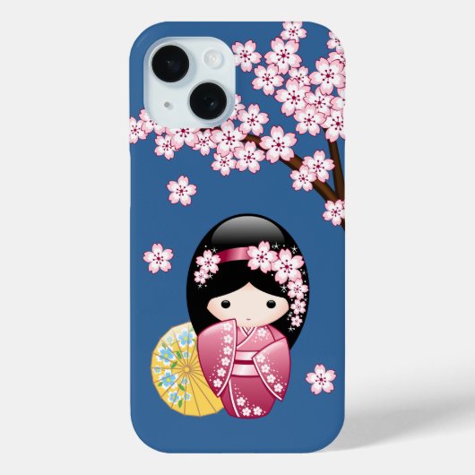 Spring Kokeshi Doll - Japanse geisha wordt in blau Case-Mate iPhone Case (Achterkant)