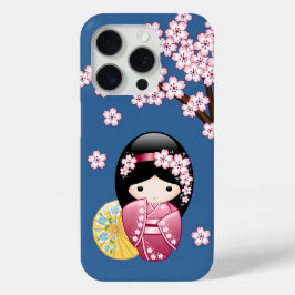 Spring Kokeshi Doll - Japanse geisha wordt in blau iPhone 15 Pro Case
