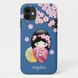 Spring Kokeshi Doll - Japanse geisha wordt in blau iPhone 11 Hoesje