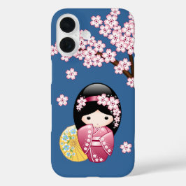 Spring Kokeshi Doll - Japanse geisha wordt in blau iPhone 16 Hoesje