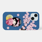 Spring Kokeshi Doll - Japanse geisha wordt in blau iPhone 15 Case (Achterkant horizontaal)