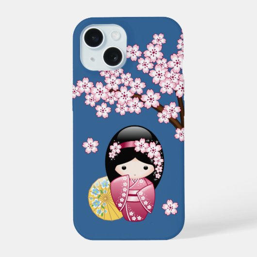 Spring Kokeshi Doll - Japanse geisha wordt in blau iPhone 15 Case (Achterkant)