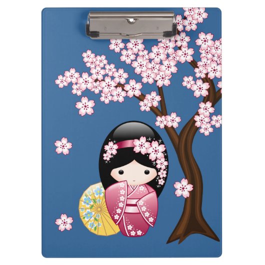 Spring Kokeshi Doll - Japanse geisha wordt in blau Klembord (Voorkant)