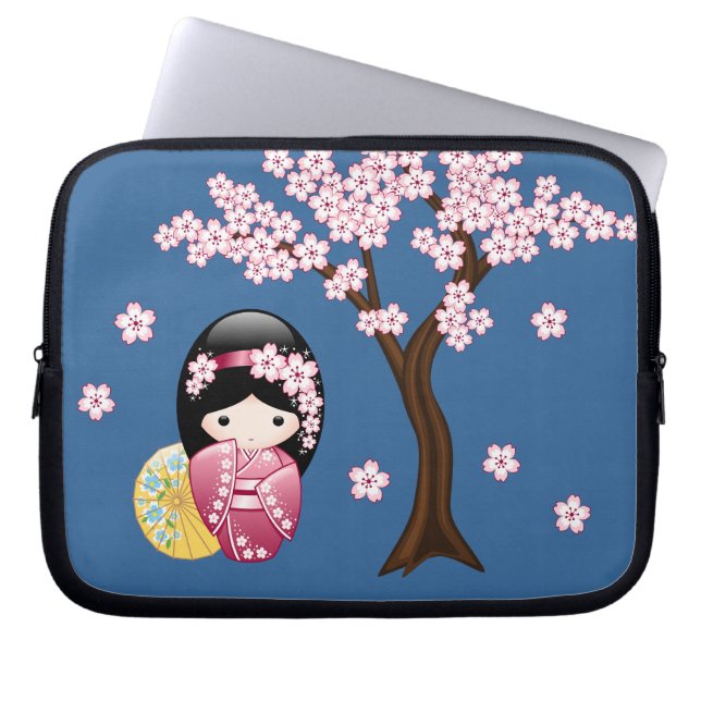 Spring Kokeshi Doll - Japanse geisha wordt in blau Laptop Sleeve (Voorkant)