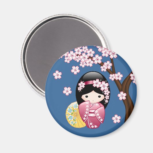 Spring Kokeshi Doll - Japanse geisha wordt in blau Magneet (Voorkant / Achterkant)