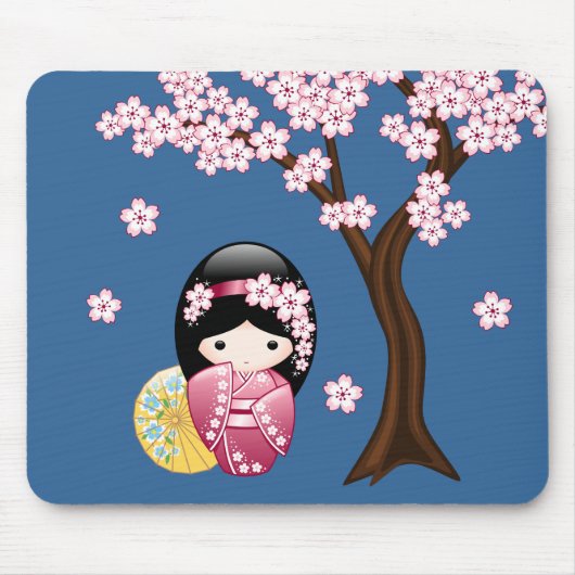 Spring Kokeshi Doll - Japanse geisha wordt in blau Muismat (Voorkant)