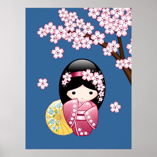 Spring Kokeshi Doll - Japanse geisha wordt in blau Poster (Voorkant)
