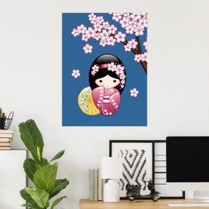 Spring Kokeshi Doll - Japanse geisha wordt in blau Poster