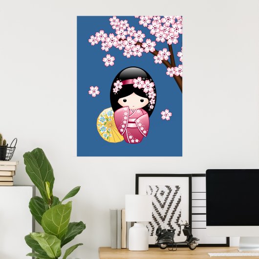 Spring Kokeshi Doll - Japanse geisha wordt in blau Poster (Thuiskantoor)