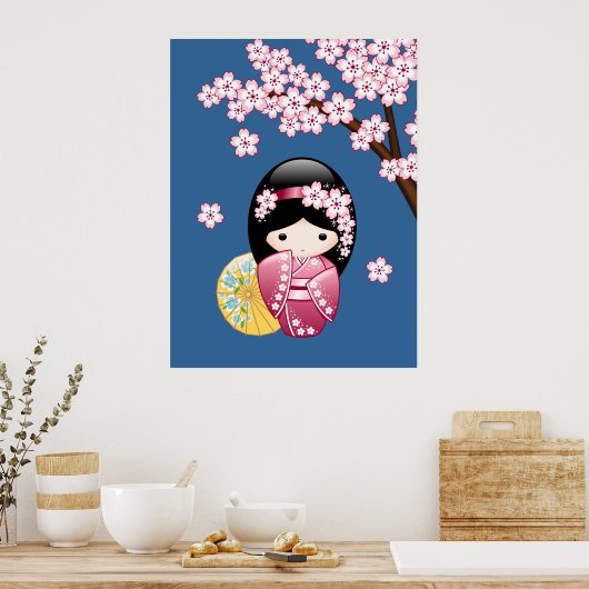 Spring Kokeshi Doll - Japanse geisha wordt in blau Poster (Keuken)