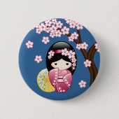 Spring Kokeshi Doll - Japanse geisha wordt in blau Ronde Button 5,7 Cm (Voorkant)