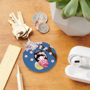Spring Kokeshi Doll - Japanse geisha wordt in blau Sleutelhanger