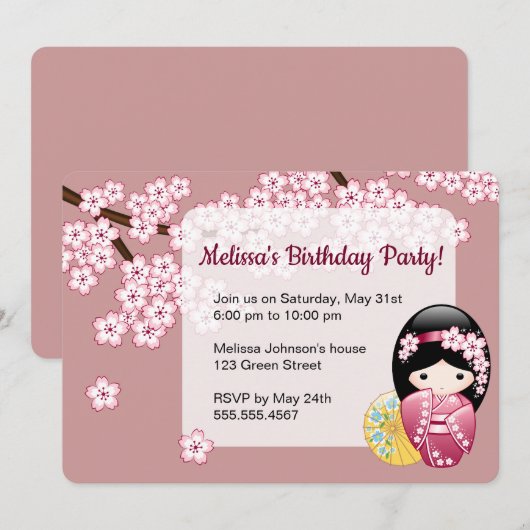 Spring Kokeshi Doll - Schattige Geisha Verjaardags Kaart (Voorkant / Achterkant)