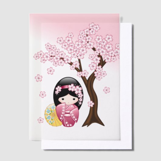 Spring Kokeshi Doll Schattige Japans Geisha Insert Vellum Uitnodigingen (Offset)