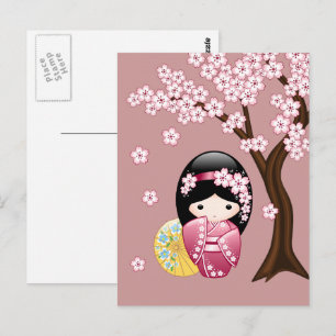 Spring Kokeshi Doll - Schattigee Geisha Missen U Briefkaart