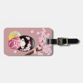 Spring Kokeshi Doll - Stomme Japanse geisha op Roz Bagagelabel (Voorkant horizontaal)