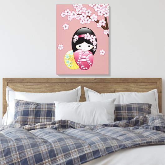 Spring Kokeshi Doll - Stomme Japanse geisha op Roz Canvas Afdruk (Insitu (Slaapkamer))