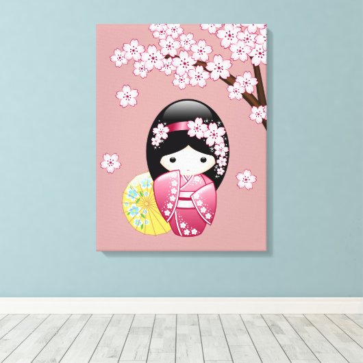Spring Kokeshi Doll - Stomme Japanse geisha op Roz Canvas Afdruk (Insitu (Houten vloer))