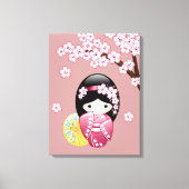Spring Kokeshi Doll - Stomme Japanse geisha op Roz Canvas Afdruk (Voorkant)