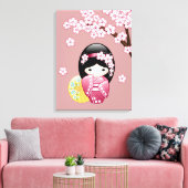 Spring Kokeshi Doll - Stomme Japanse geisha op Roz Canvas Afdruk (Insitu (Woonkamer))