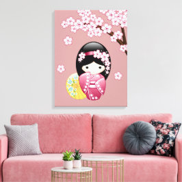 Spring Kokeshi Doll - Stomme Japanse geisha op Roz Canvas Afdruk