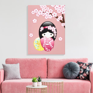 Spring Kokeshi Doll - Stomme Japanse geisha op Roz Canvas Afdruk