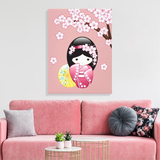 Spring Kokeshi Doll - Stomme Japanse geisha op Roz Canvas Afdruk (Insitu (Woonkamer))