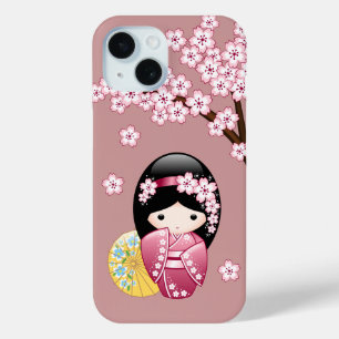 Spring Kokeshi Doll - Stomme Japanse geisha op Roz iPhone 15 Case