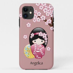 Spring Kokeshi Doll - Stomme Japanse geisha op Roz iPhone 11 Hoesje