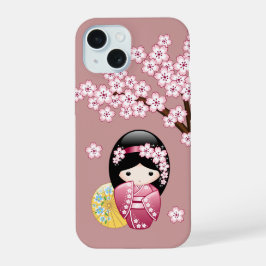 Spring Kokeshi Doll - Stomme Japanse geisha op Roz iPhone 15 Case